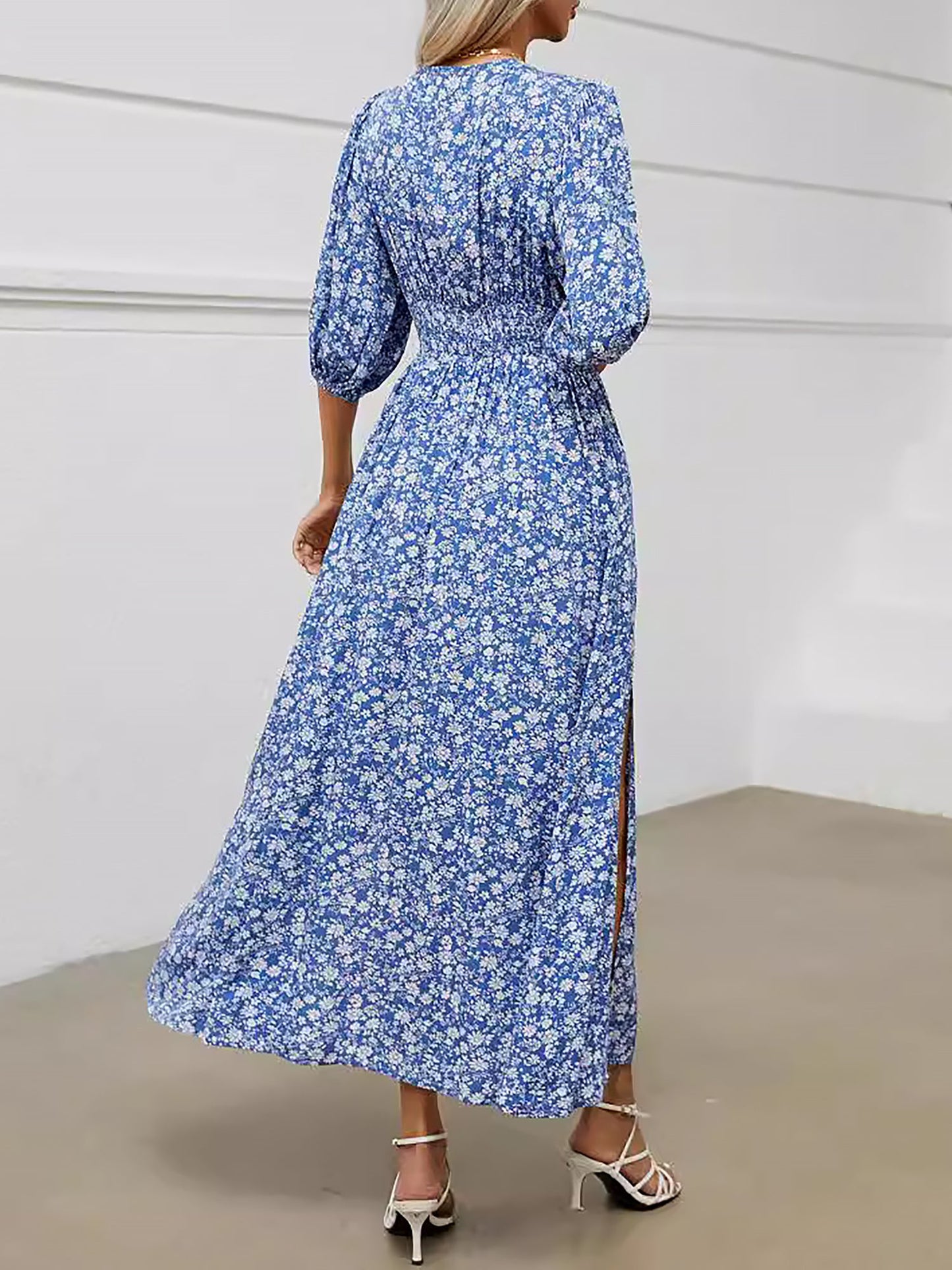 V Neck Lantern Sleeve Floral Slit Midi Dress
