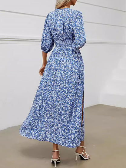 V Neck Lantern Sleeve Floral Slit Midi Dress