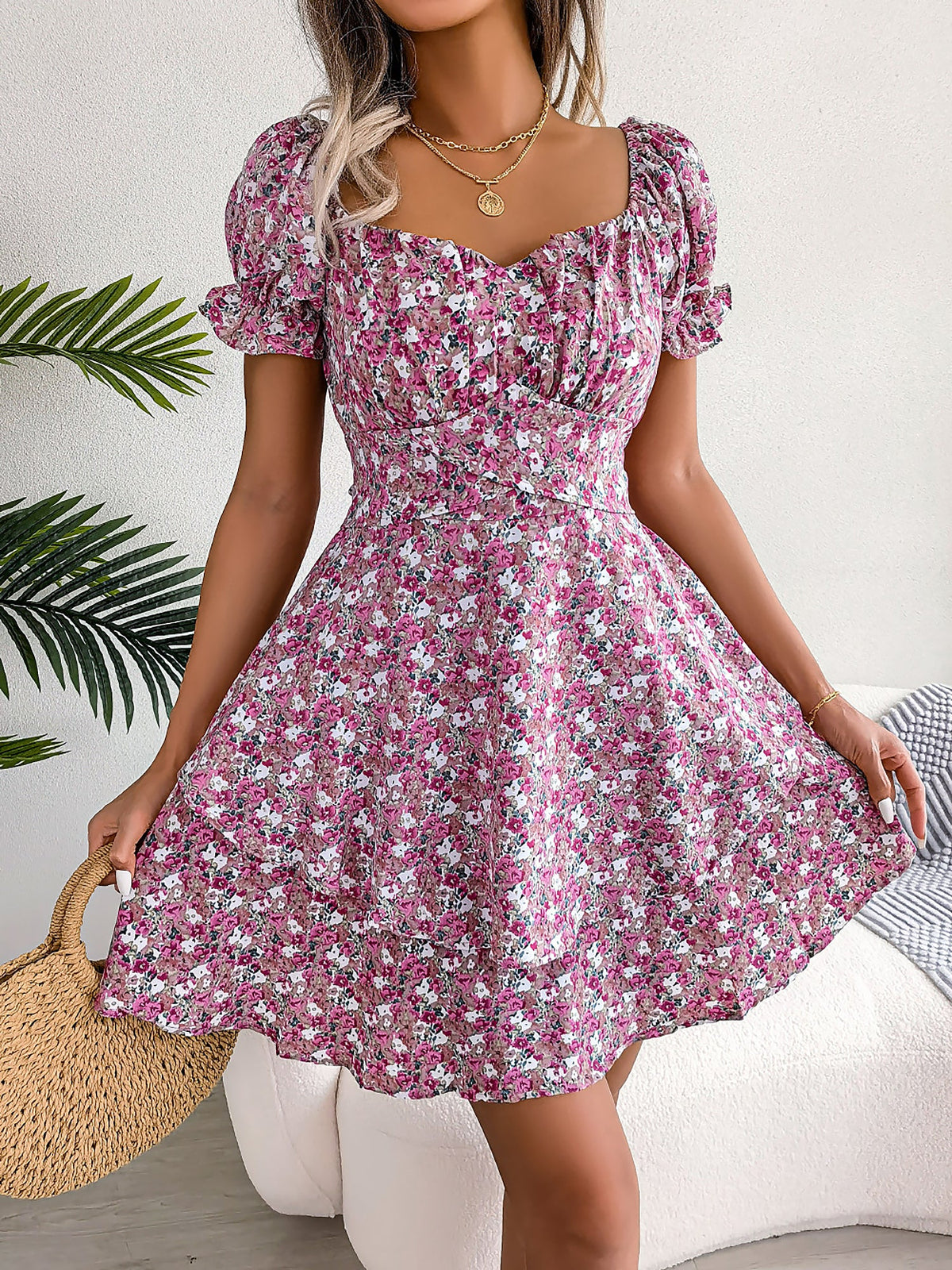 Romantic Garden Floral Puff Sleeves Lace-Up Ruffled Mini Party Dress