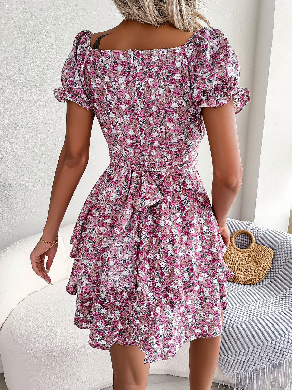 Romantic Garden Floral Puff Sleeves Lace-Up Ruffled Mini Party Dress