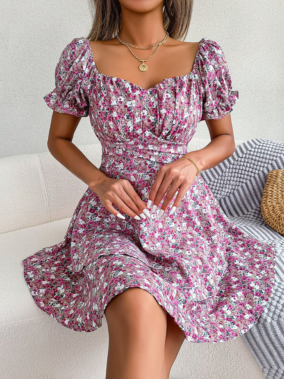 Romantic Garden Floral Puff Sleeves Lace-Up Ruffled Mini Party Dress