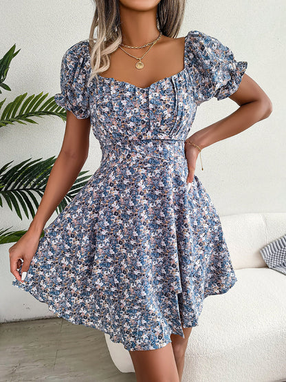 Romantic Garden Floral Puff Sleeves Lace-Up Ruffled Mini Party Dress