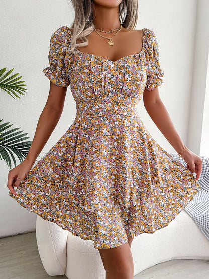 Romantic Garden Floral Puff Sleeves Lace-Up Ruffled Mini Party Dress