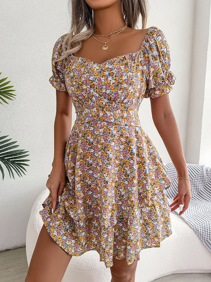 Romantic Garden Floral Puff Sleeves Lace-Up Ruffled Mini Party Dress
