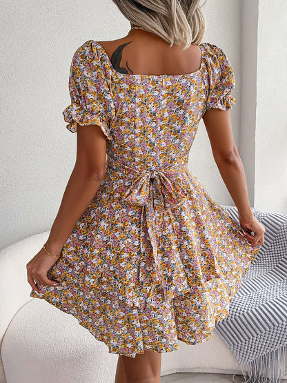 Romantic Garden Floral Puff Sleeves Lace-Up Ruffled Mini Party Dress