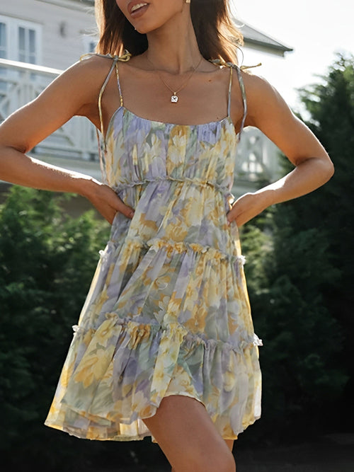 Lace-Up Spaghetti Straps Smocked Tiered Mini Dress