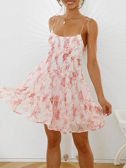 Lace-Up Spaghetti Straps Smocked Tiered Mini Dress