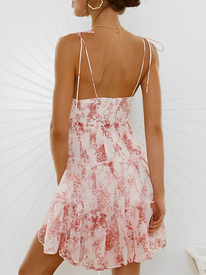 Lace-Up Spaghetti Straps Smocked Tiered Mini Dress