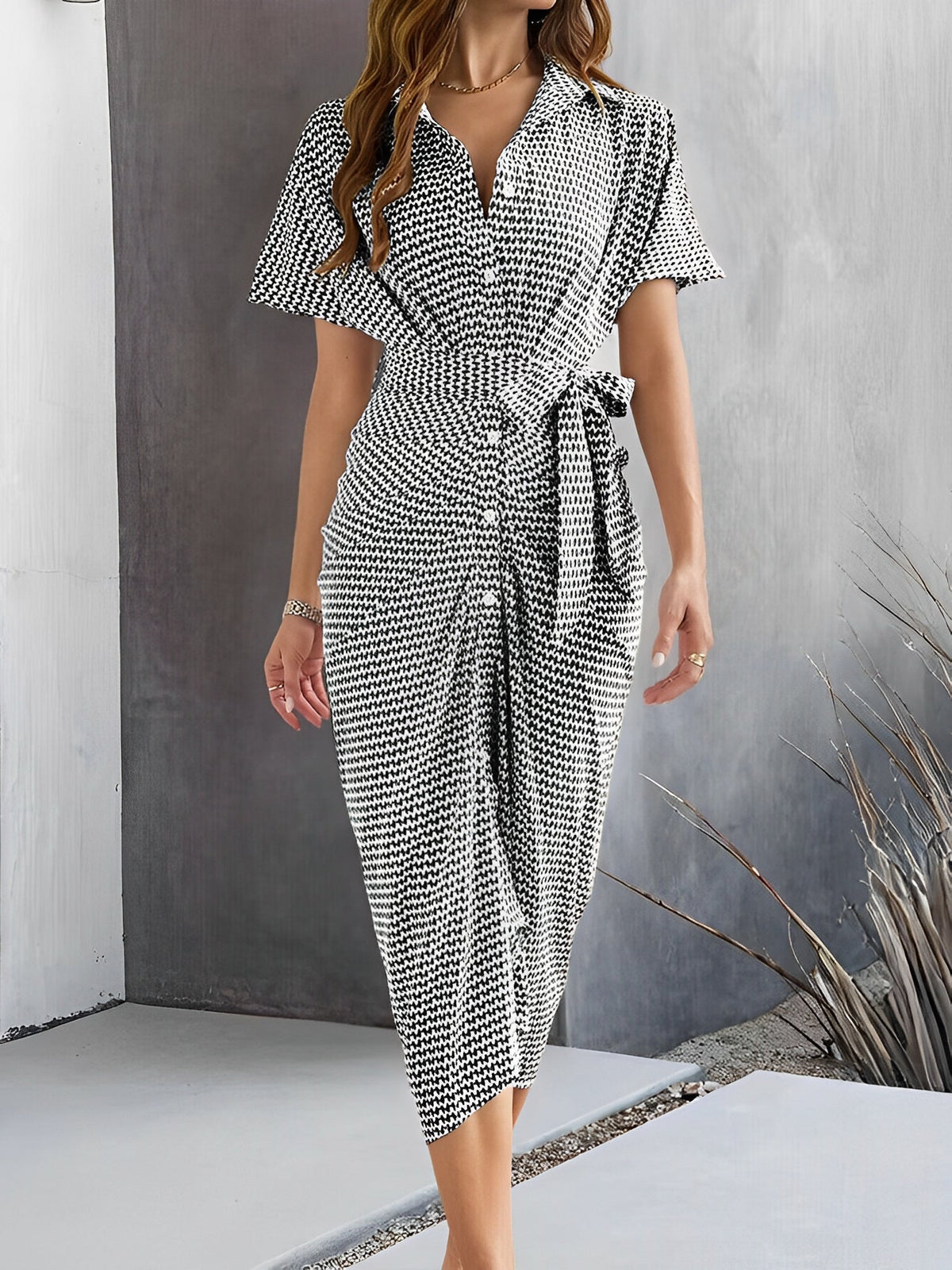 Lapel Button Down Short Sleeves Shirt Dress