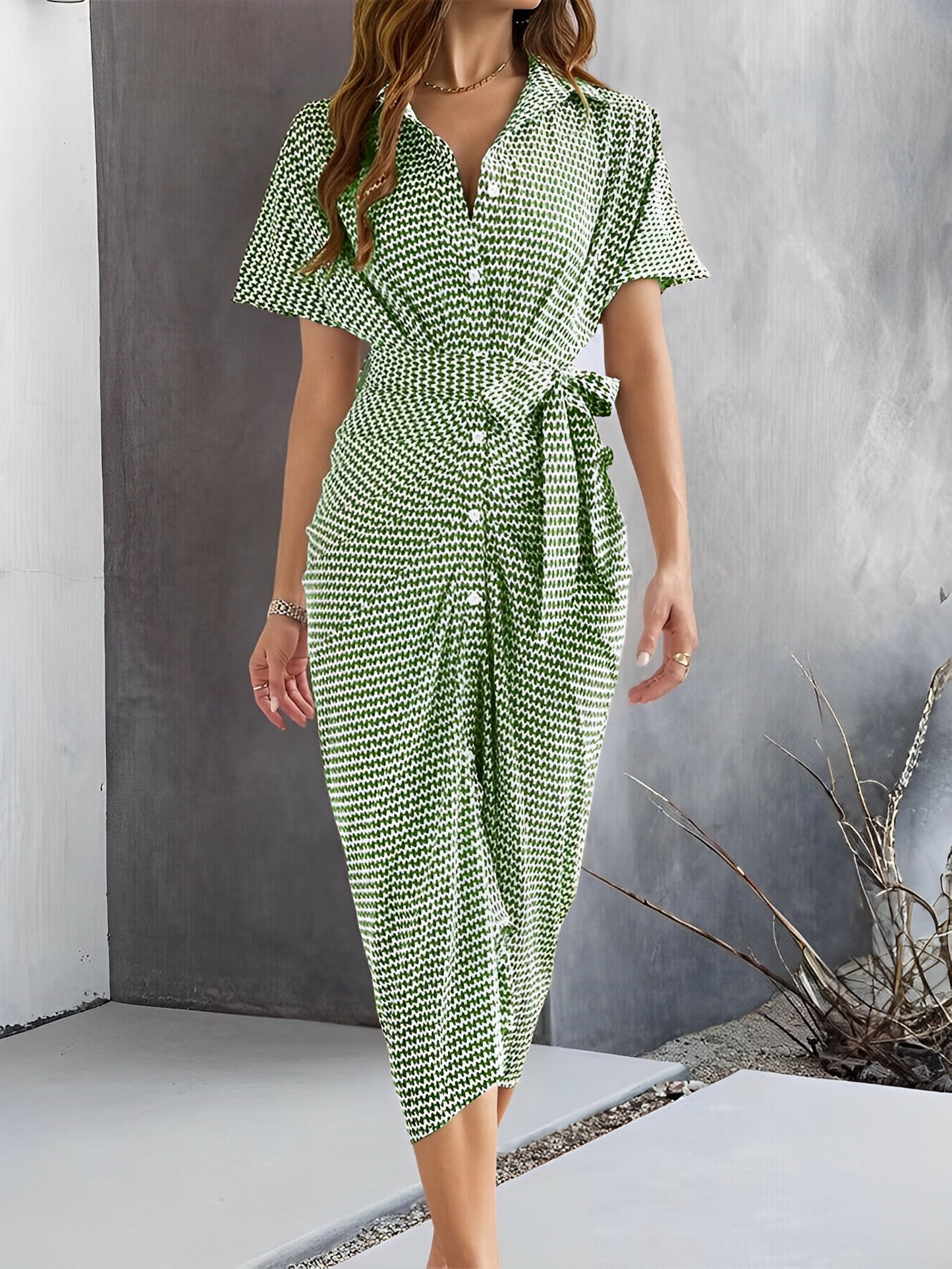 Lapel Button Down Short Sleeves Shirt Dress