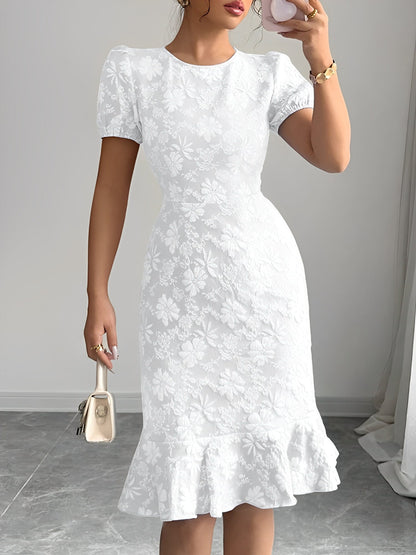 Flattering Slim Fit Flower Textured Puff Sleeves Bodycon Midi Dress