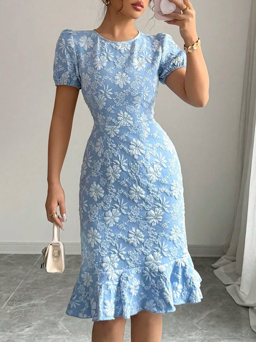 Flattering Slim Fit Flower Textured Puff Sleeves Bodycon Midi Dress
