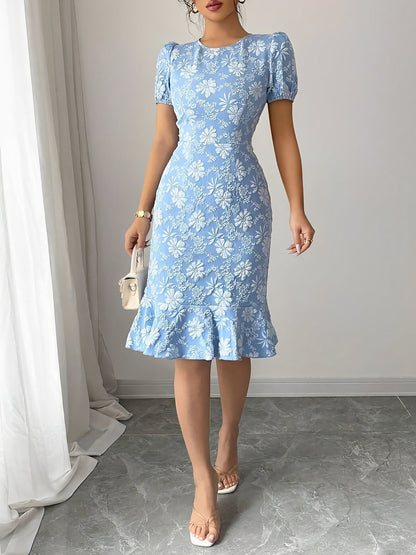 Flattering Slim Fit Flower Textured Puff Sleeves Bodycon Midi Dress