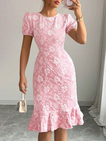 Flattering Slim Fit Flower Textured Puff Sleeves Bodycon Midi Dress