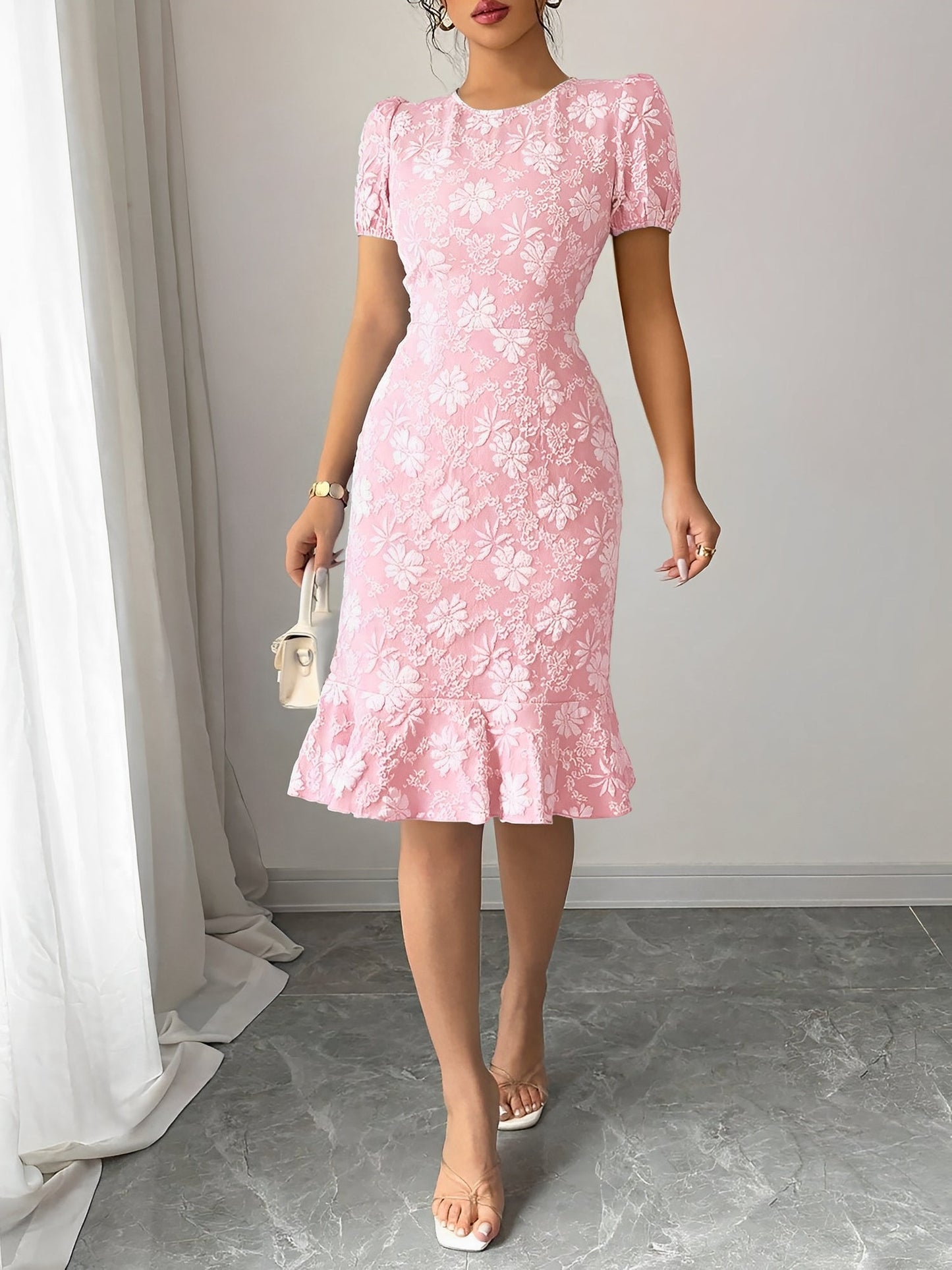 Flattering Slim Fit Flower Textured Puff Sleeves Bodycon Midi Dress