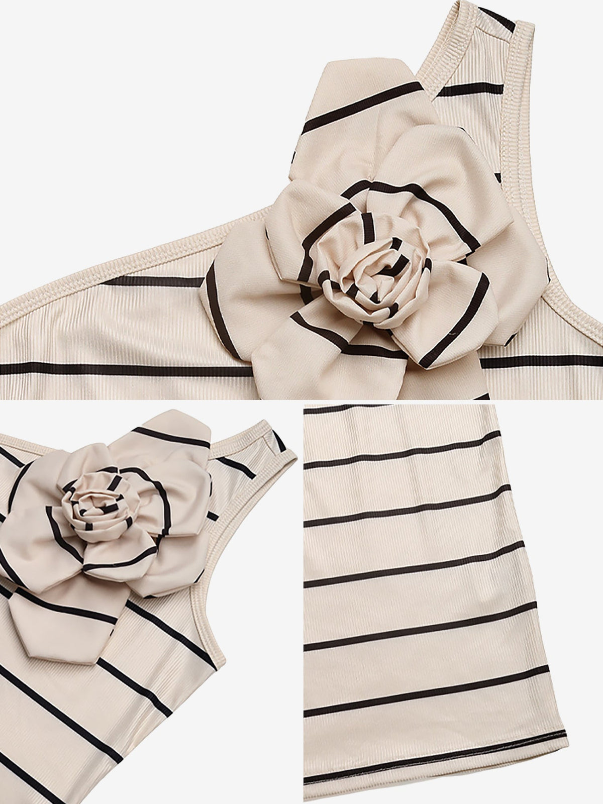 One Shoulder Striped Flower Decor Bodycon Midi Dress