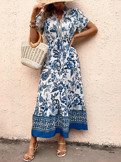 Floral Boho Short Sleeves A-Line Maxi Dress