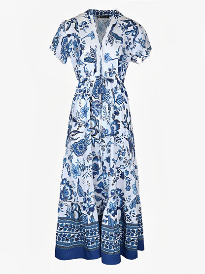 Floral Boho Short Sleeves A-Line Maxi Dress