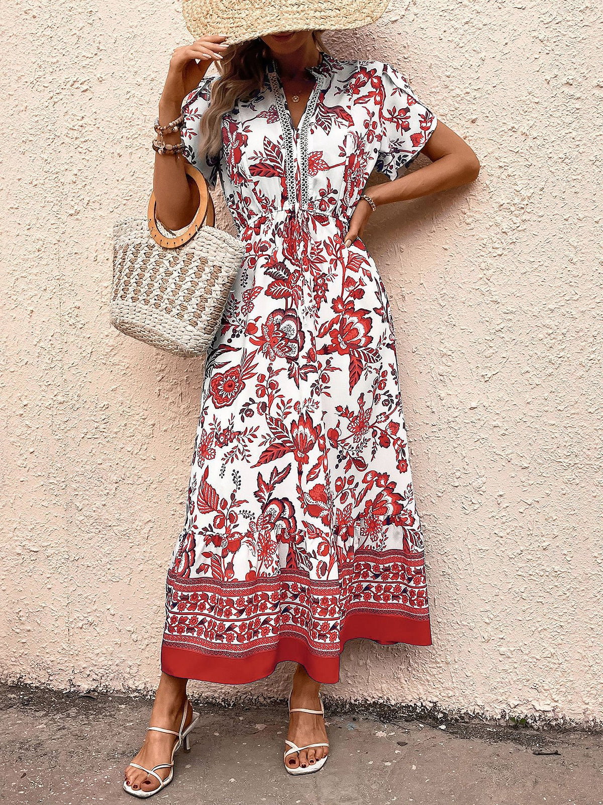 Floral Boho Short Sleeves A-Line Maxi Dress
