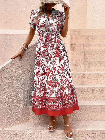 Floral Boho Short Sleeves A-Line Maxi Dress