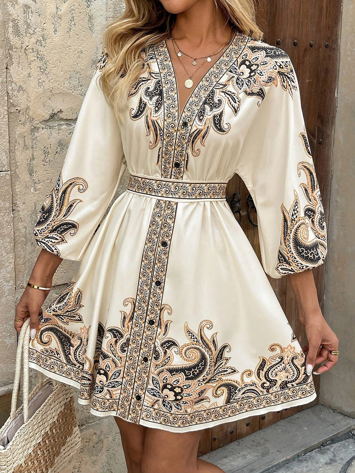 Vintage-Inspired Boho All-Over Floral Print 3/4 Lantern Sleeves Mini Dress