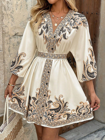 Vintage-Inspired Boho All-Over Floral Print 3/4 Lantern Sleeves Mini Dress