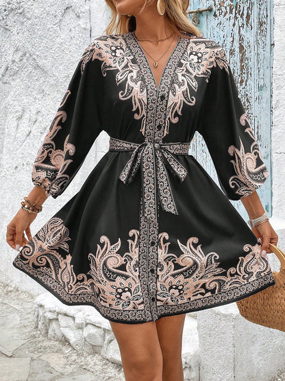 Vintage-Inspired Boho All-Over Floral Print 3/4 Lantern Sleeves Mini Dress