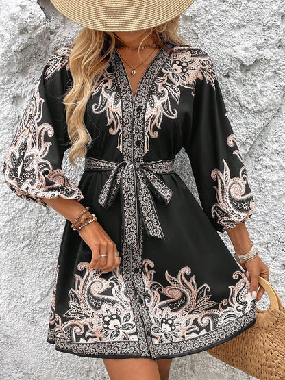 Vintage-Inspired Boho All-Over Floral Print 3/4 Lantern Sleeves Mini Dress