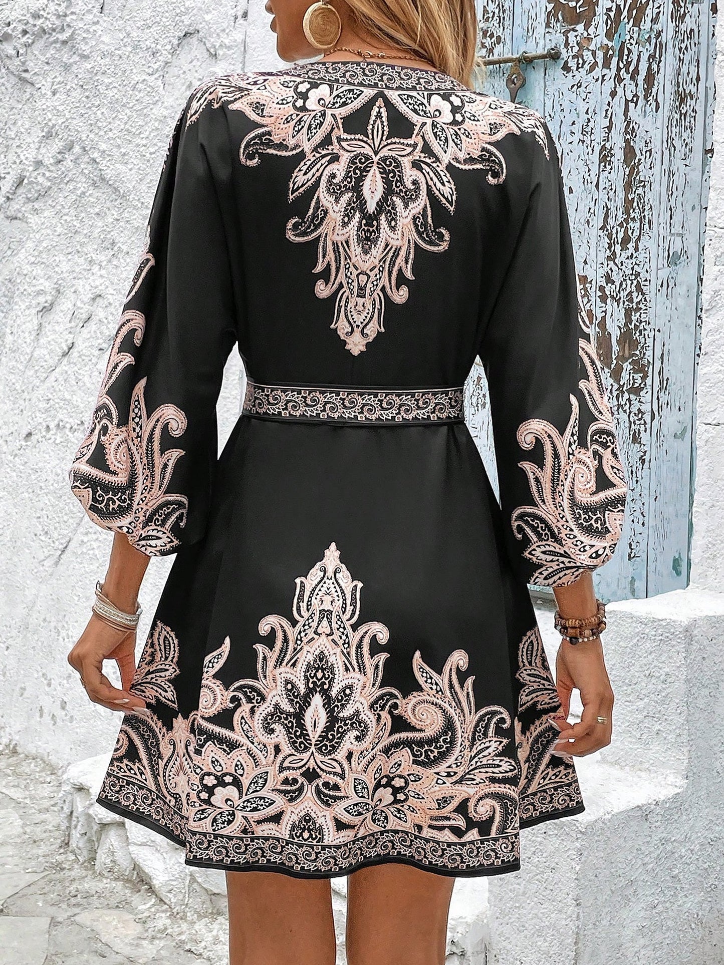 Vintage-Inspired Boho All-Over Floral Print 3/4 Lantern Sleeves Mini Dress