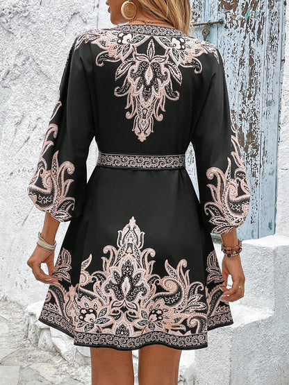 Vintage-Inspired Boho All-Over Floral Print 3/4 Lantern Sleeves Mini Dress