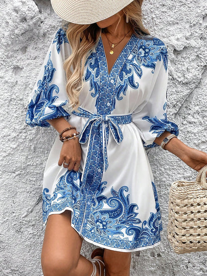 Vintage-Inspired Boho All-Over Floral Print 3/4 Lantern Sleeves Mini Dress
