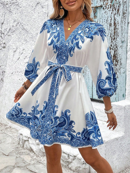 Vintage-Inspired Boho All-Over Floral Print 3/4 Lantern Sleeves Mini Dress