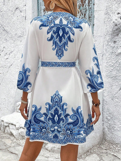 Vintage-Inspired Boho All-Over Floral Print 3/4 Lantern Sleeves Mini Dress
