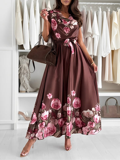 Floral Cowl Neck Cap Sleeves Maxi Dress