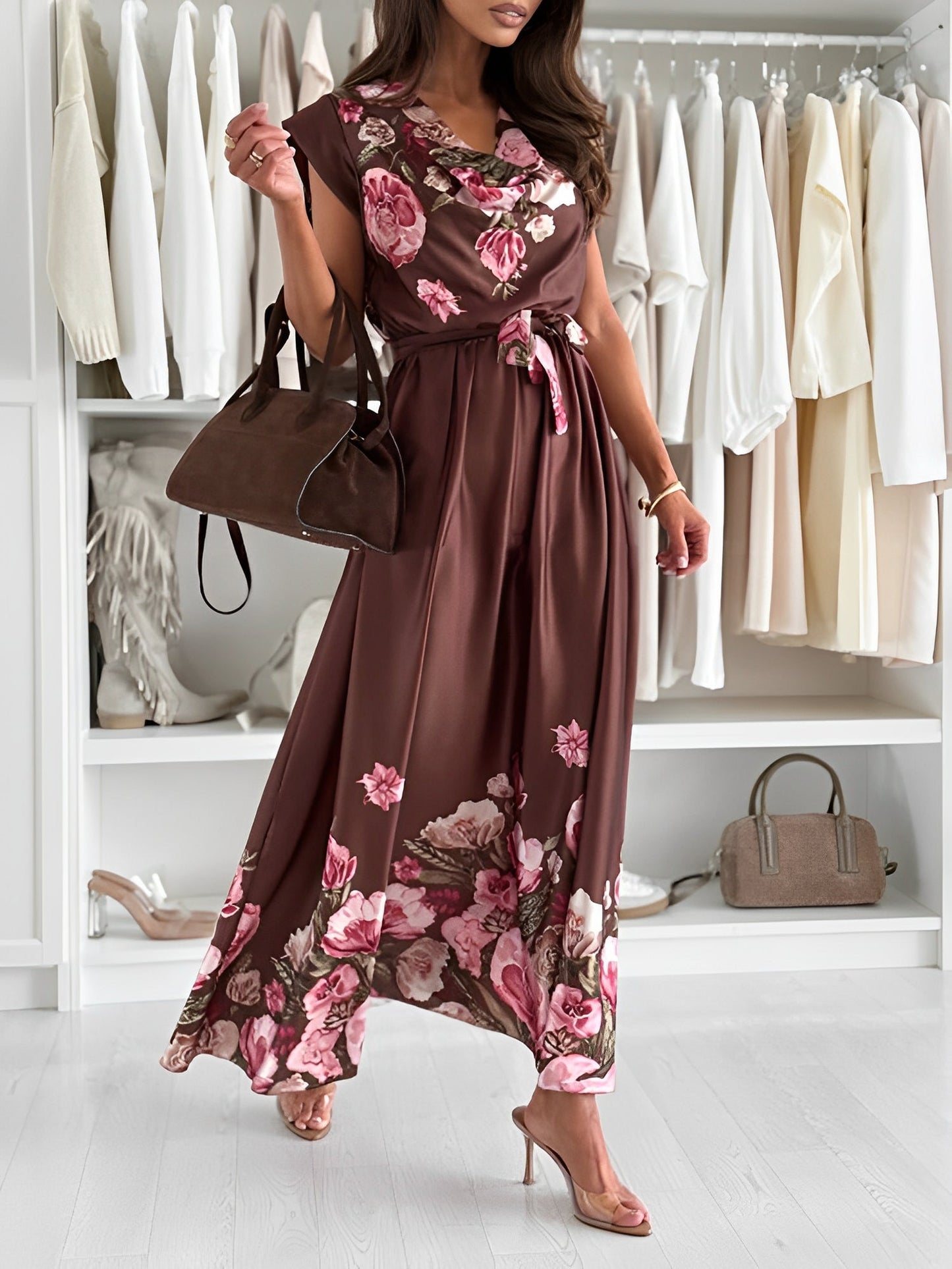 Floral Cowl Neck Cap Sleeves Maxi Dress