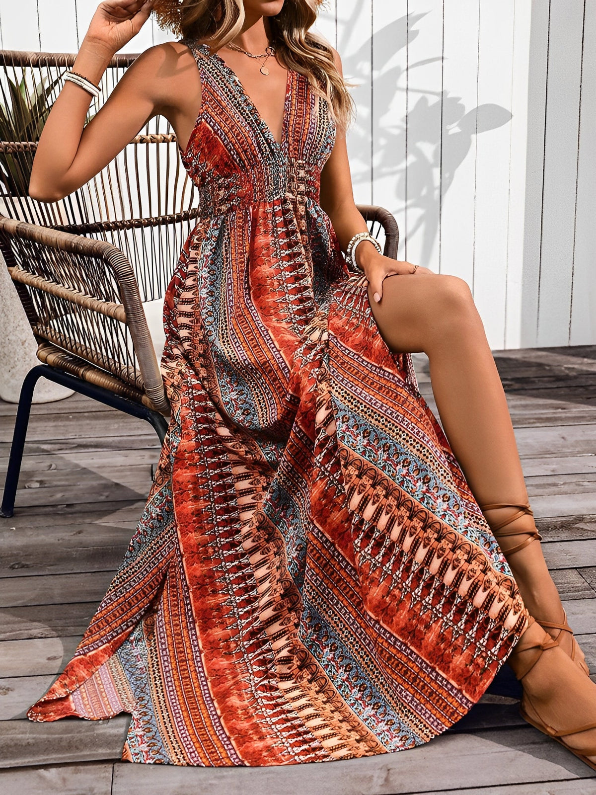 Boho Deep V Neck Sleeveless Slit Maxi Resort Dress