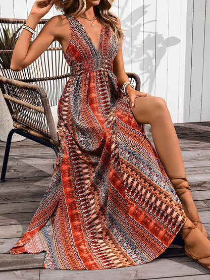 Boho Deep V Neck Sleeveless Slit Maxi Resort Dress