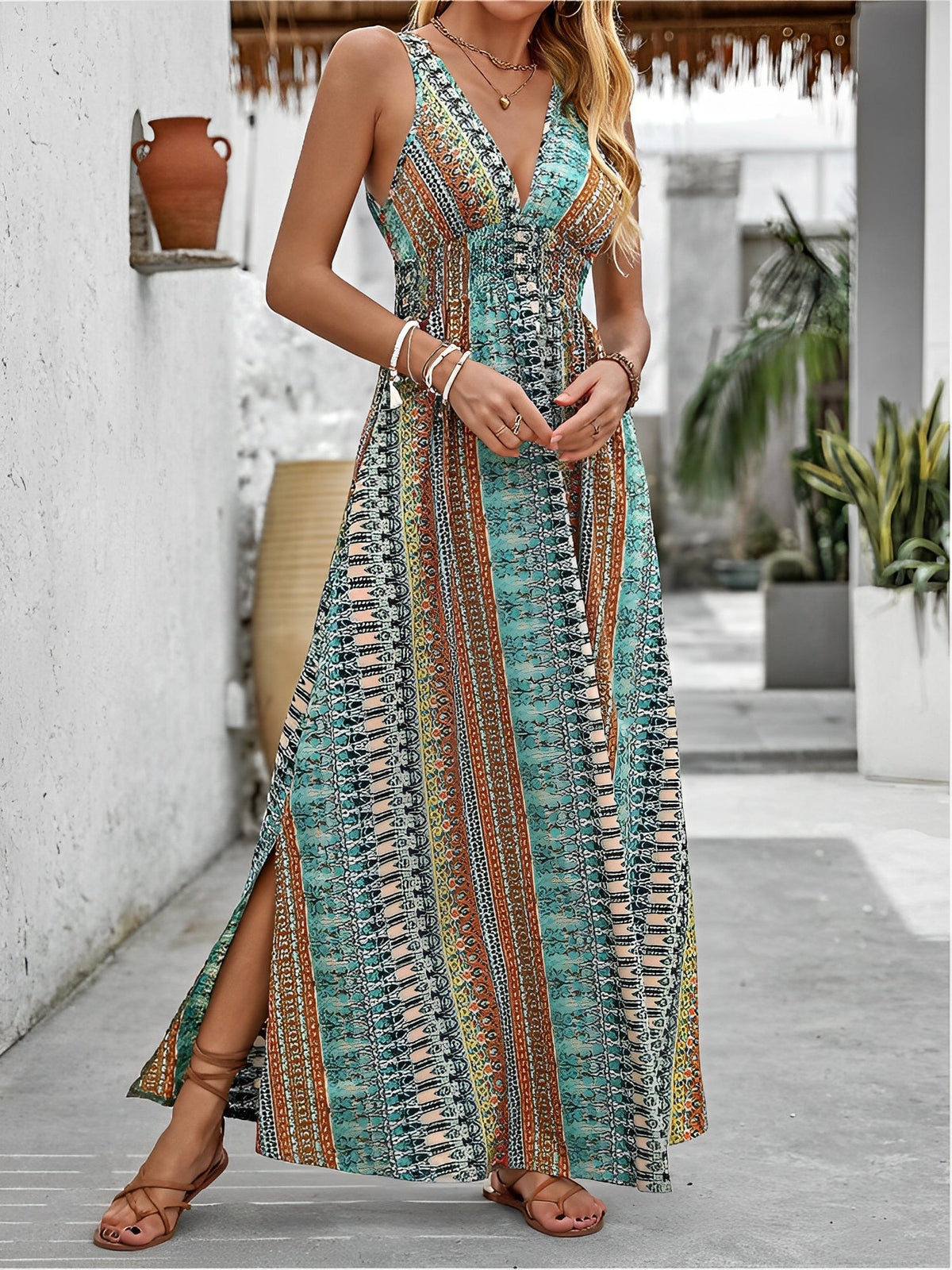 Boho Deep V Neck Sleeveless Slit Maxi Resort Dress