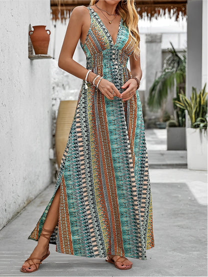 Boho Deep V Neck Sleeveless Slit Maxi Resort Dress