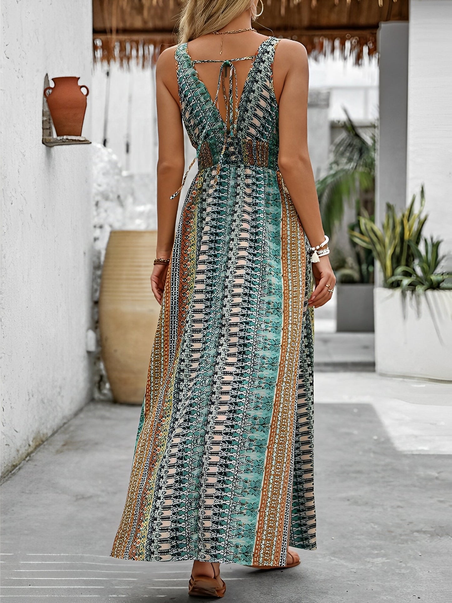Boho Deep V Neck Sleeveless Slit Maxi Resort Dress