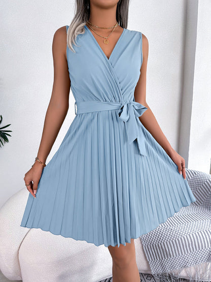 V Neck Sleeveless Lace-Up Pleated Above Knee Dress