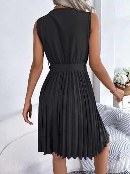 V Neck Sleeveless Lace-Up Pleated Above Knee Dress