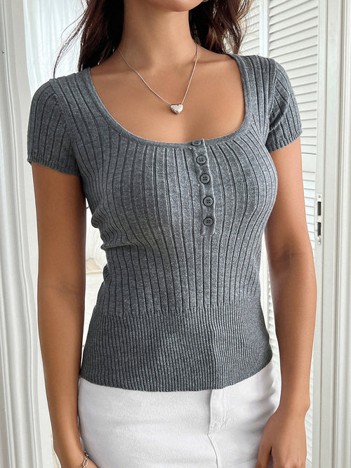 Solid Color U Neck Short Sleeve Knit Top