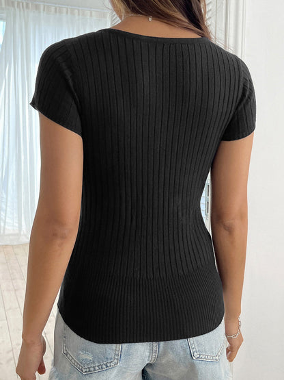 Solid Color U Neck Short Sleeve Knit Top