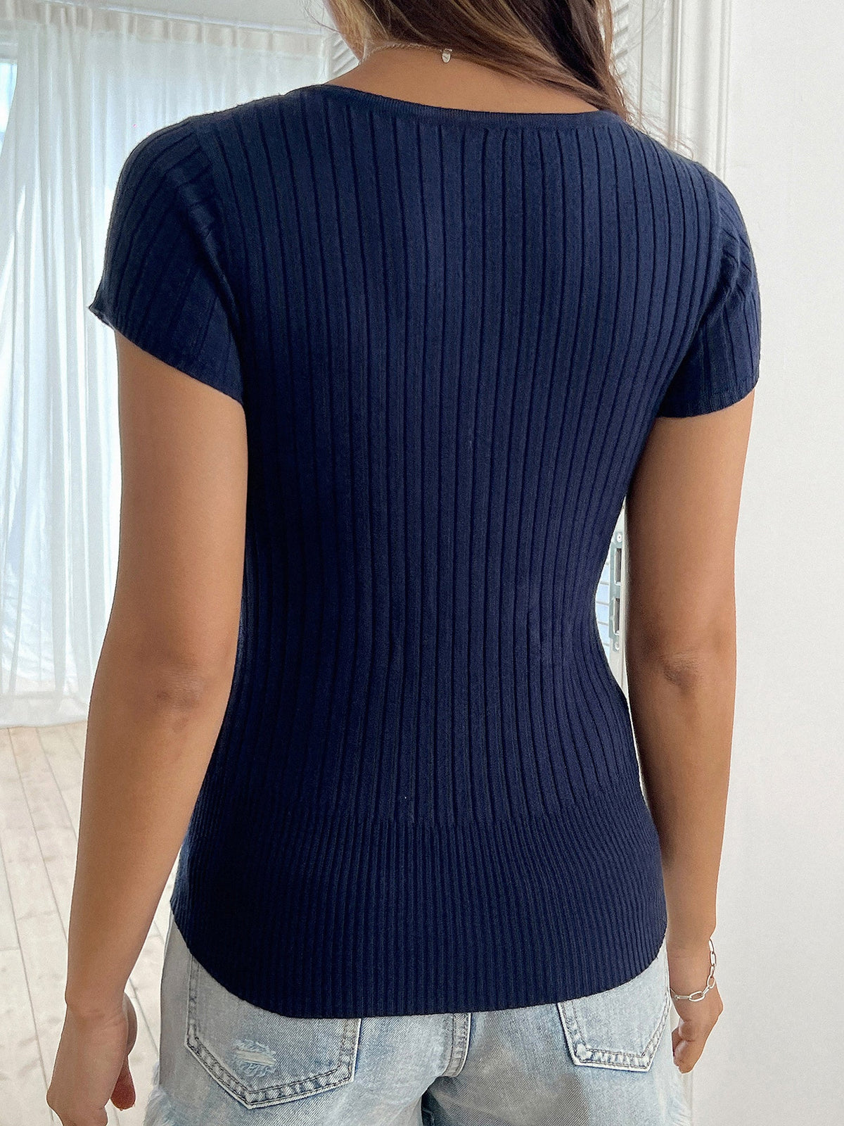 Solid Color U Neck Short Sleeve Knit Top