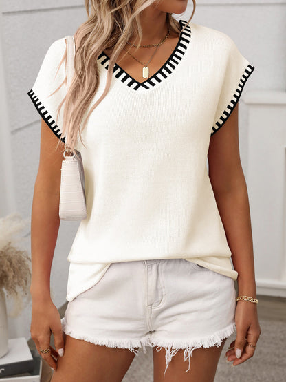 Pullover V Neck Short Sleeves Colorblock Knit Top