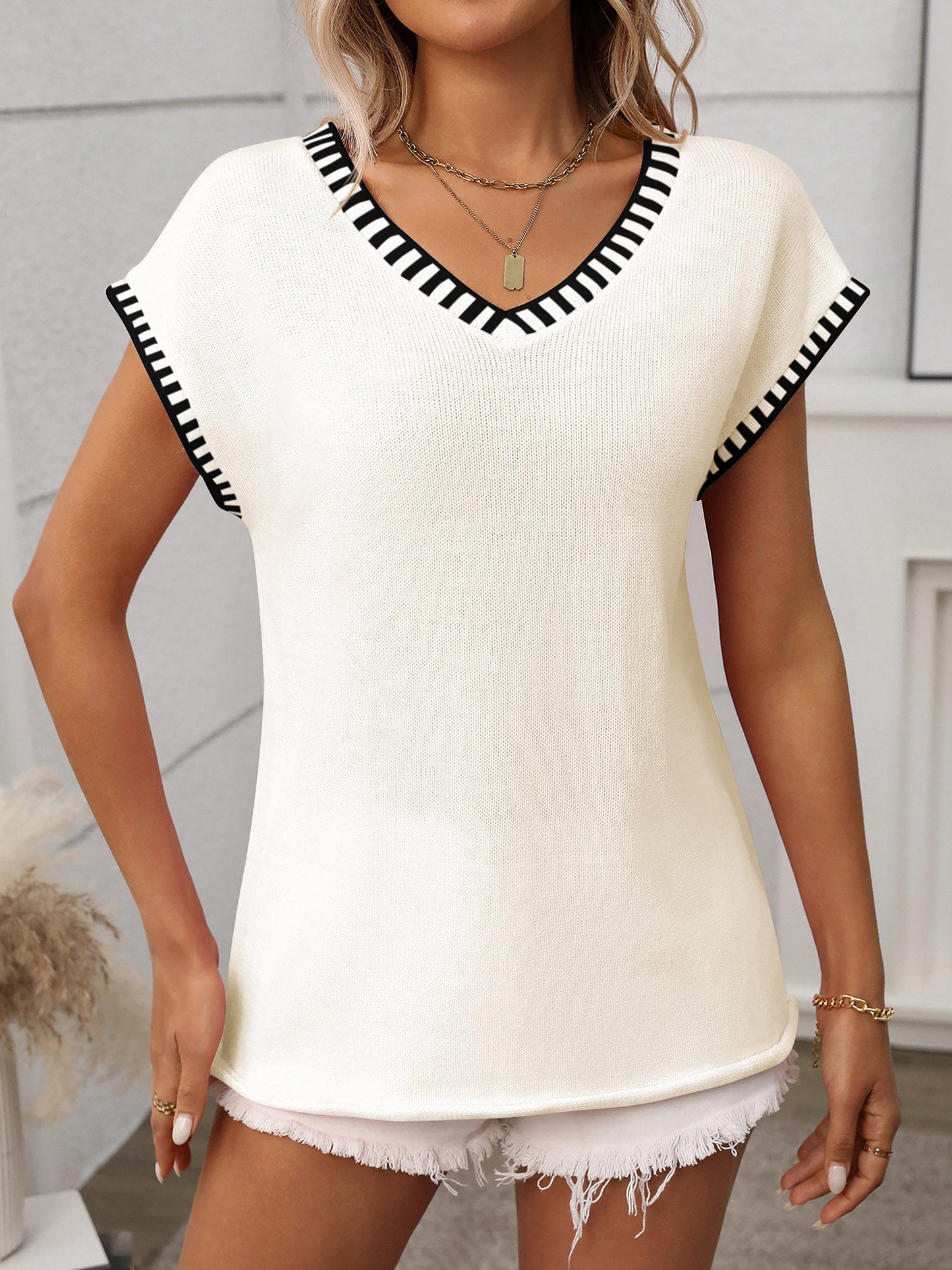 Pullover V Neck Short Sleeves Colorblock Knit Top