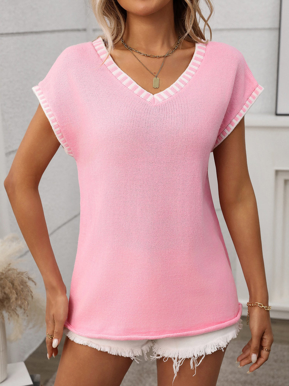 Pullover V Neck Short Sleeves Colorblock Knit Top