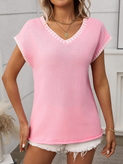 Pullover V Neck Short Sleeves Colorblock Knit Top