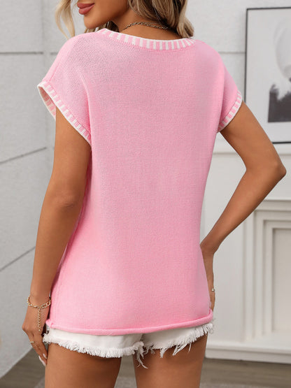 Pullover V Neck Short Sleeves Colorblock Knit Top